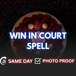 May include: A white plate with red petals and white spheres, with the text "WIN IN COURT SPELL" in blue neon. The image also includes the text "SAME DAY" and "PHOTO PROOF".