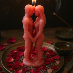 Puede incluir: Una vela roja con forma de dos figuras abrazadas, con una llama compartida en la parte superior. La vela est&aacute; sobre un plato de bronce rodeado de p&eacute;talos de rosa y lavanda. Un cuchillo y un cuenco peque&ntilde;o est&aacute;n cerca.