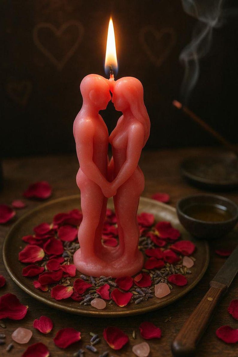 Puede incluir: Una vela roja con forma de dos figuras abrazadas, con una llama compartida en la parte superior. La vela est&aacute; sobre un plato de bronce rodeado de p&eacute;talos de rosa y lavanda. Un cuchillo y un cuenco peque&ntilde;o est&aacute;n cerca.
