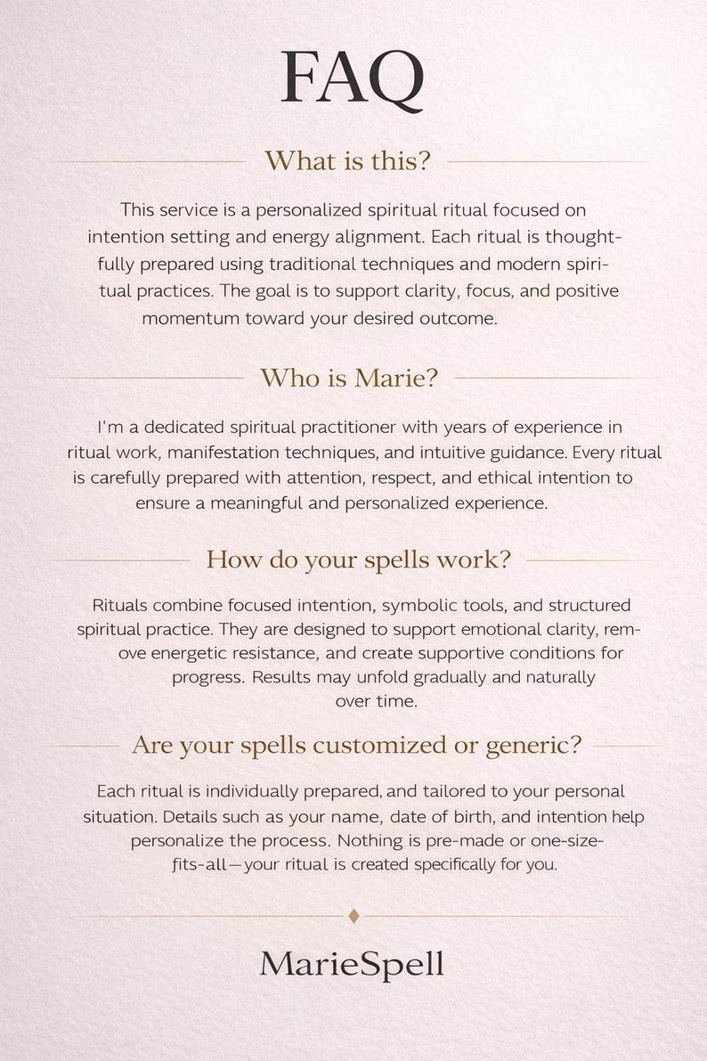 Puede incluir: P&aacute;gina de preguntas frecuentes con texto sobre rituales espirituales. El texto incluye informaci&oacute;n sobre el servicio, Marie y c&oacute;mo funcionan los hechizos. El logotipo de MarieSpell est&aacute; en la parte inferior.