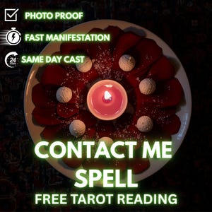 以下が含まれることがあります： 白いお皿に、赤いバラの花びら、白い球体、火の灯ったピンク色のろうそくが円形に配置されています。画像には「PHOTO PROOF」、「FAST MANIFESTATION」、「SAME DAY CAST」、「CONTACT ME」、「SPELL」、「FREE TAROT READING」というテキストが含まれています。