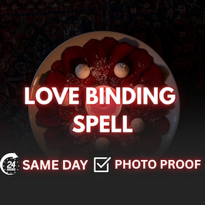May include: A white plate with red rose petals, small white spheres, and a lit pink candle. The text "LOVE BINDING SPELL" is displayed in a glowing red font. Additional text includes "SAME DAY" and "PHOTO PROOF".
