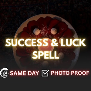 Puede incluir: Una composición mística con un plato de pétalos rojos, esferas blancas y una vela central. El texto "SUCCESS & LUCK SPELL" se muestra de forma destacada, junto con "SAME DAY" y "PHOTO PROOF".