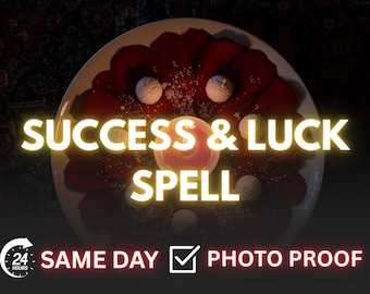 Może przedstawiać: Mistyczna aranżacja z talerzem z czerwonymi płatkami, białymi kulami i centralną świecą. Tekst "SUCCESS & LUCK SPELL" jest wyraźnie widoczny, wraz z "SAME DAY" i "PHOTO PROOF".