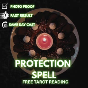 May include: A top-down view of a plate with a lit pink candle in the center, surrounded by dark brown shapes and white spheres. The words "PROTECTION SPELL" are displayed in bright green, along with other text.
