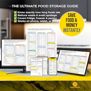 以下が含まれることがあります： コンピューターモニター、タブレット、スマートフォン、印刷されたシートに表示される食品保管ガイド。 「The Ultimate Food Storage Guide」というタイトルのガイドは、食品の賞味期限を知り、無駄を減らし、冷蔵庫、冷凍庫、パントリーのアイテムをカバーするのに役立ちます。