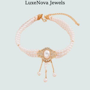 Baroque Pearl Choker Necklace: Gold Pendant, Victorian Bridal Jewelry