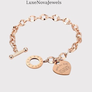 Gold Stainless Steel Heart Tag Chain Bracelet, Classic O Ring Toggle Clasp Bangle, Engraved Charm Gift Jewelry For Women Minimalist Style