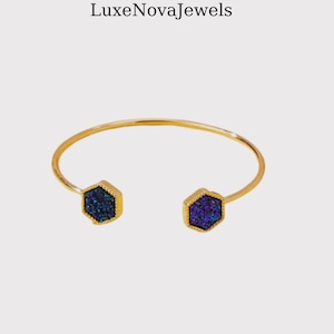 Hexagon Resin Inlay Bangle Bracelet: Minimalist Gold Cuff
