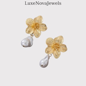 Gold Flower Drop Earrings with Faux Pearl, Elegant Floral Statement Jewelry for Women, Wedding Guest Earrings, Gift for Her
