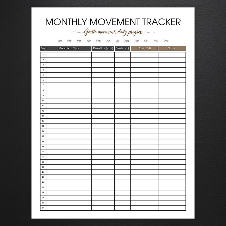 Monthly Movement Tracker: Printable Fitness Log (US Letter, PDF) - Etsy ...