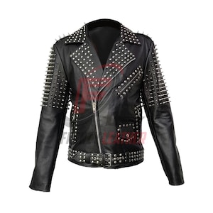 Herren schwarze Nieten Spiked Biker Lederjacke - Punk Rock Gothic Motorradmantel