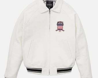 Avirex-Inspired White Bomber Jacket | USA Flag Patch, Flight Style