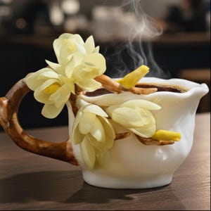 Könnte beinhalten: Eine weiße Keramiktasse mit braunem Henkel und floralen Verzierungen. Die Tasse ist mit gelben Blüten und Zweigen verziert. Dampf steigt aus der dunklen Flüssigkeit im Inneren auf, was auf ein heißes Getränk hindeutet.