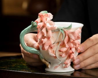 May include: A white ceramic teacup with a detailed floral design. The cup features a light green handle and is adorned with pink and peach-colored flowers. The cup is held by two hands.