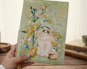 Hand Embroidered A5 Fabric Book Cover, Cat Floral Embroidery Journal Cover, Reusable Cloth Book Sleeve, Vintage Style Gift