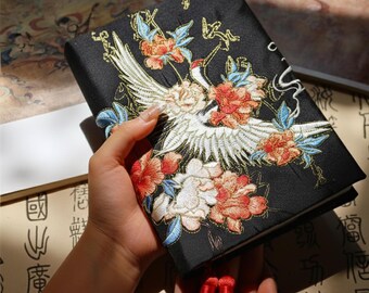 Hand Embroidered Crane A5 Book Cover, Chinese Fabric Notebook Sleeve, Handmade Journal Cover with Tassel, Oriental Art Book Protector