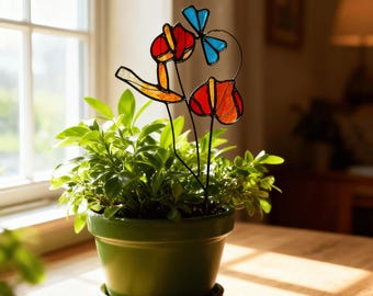 Stained Glass Butterfly Suncatcher Plant Stake, Bird & Butterfly Garden Decor on Metal Rod, Handmade Nature Lover Gift for Mom