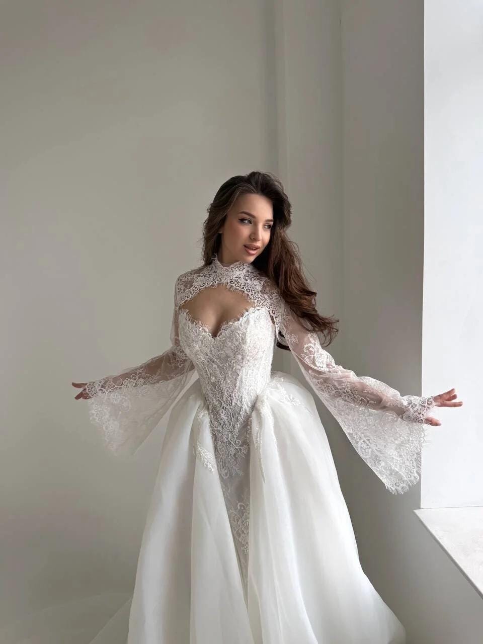 etsy lace dress Boho Blush Wedding Dress with Ivory Lace 3D Flower Appliques