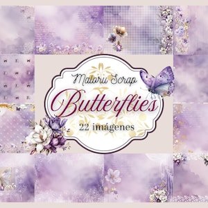 Puede incluir: Una colección de 22 imágenes digitales con una estética suave de acuarela. Las imágenes presentan mariposas, flores y fondos texturizados en tonos de morado, lavanda y blanco. El título "Maloru Scrap Butterflies" se muestra de forma destacada.
