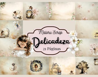 Puede incluir: Un collage de arte digital con un fondo sepia. La imagen presenta ilustraciones de hadas, flores y una niña. El texto "Maloru Scrap Delicadeza 21 Páginas" se muestra en una fuente decorativa.