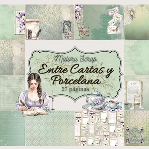 May include: A collage of digital scrapbook paper with a vintage aesthetic. The design features a woman writing, teacups, envelopes, and floral accents in shades of green, purple, and cream. The text "Entre Cartas y Porcelana" is displayed.