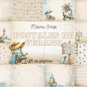 Puede incluir: Un kit de scrapbooking digital titulado Maloru Scrap POSTALES DE VERANO 26 páginas, que presenta una colección de diseños de papelería con temática playera, incluyendo ilustraciones de faros, veleros, sillas de playa y palmeras.