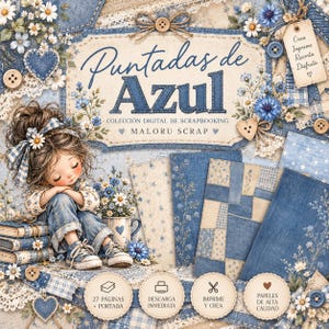 Op de afbeelding: Een digitale scrapbookingcollectie getiteld Puntadas de Azul met een getekend meisje met bruin haar zittend op boeken, omringd door blauwe bloemmotieven, denim texturen, kant, houten knopen en vier cirkelvormige iconen met tekst.