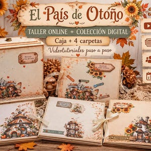 May include: A craft kit titled El País de Otoño featuring a tall storage box and four folders decorated with autumn-themed illustrations of mushrooms, sunflowers, and whimsical characters, including text for online tutorials and digital collections.