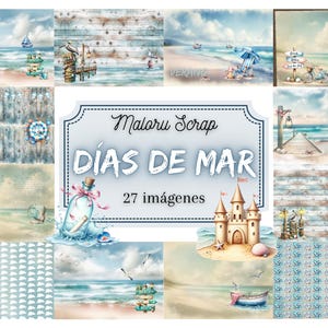 Puede incluir: Una colección de imágenes de arte digital en acuarela con temática de playa. Las imágenes incluyen escenas del océano, la playa, barcos y un castillo de arena. El texto "DÍAS DE MAR" y "27 imágenes" se muestra en un letrero.