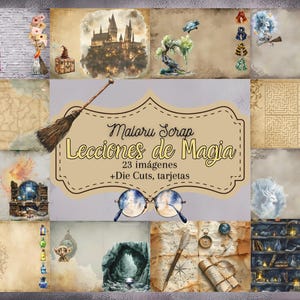 May include: A collection of watercolour illustrations with a fantasy theme. Images include a castle, a broom, a maze, and a label that reads "Maloru Scrap Lecciones de Magia" with the text "23 imágenes + Die Cuts, tarjetas".