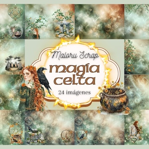 Puede incluir: Un collage de arte digital con temática celta, que presenta a una mujer pelirroja y un cuervo. El texto "Malaru Scrap magia celta 24 imágenes" se muestra en un marco decorativo, con un fondo de colores arremolinados y elementos fantásticos.