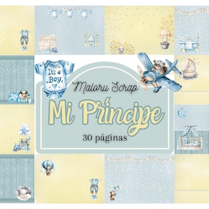 Puede incluir: Colección de ilustraciones en acuarela con temática de bebé niño. Las imágenes presentan una combinación de colores azul y amarillo, con elementos como un body que dice "It's a Boy", un avión y ositos de peluche. También se ve el texto "Mi Príncipe".