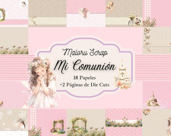 May include: A digital scrapbook paper set with a soft pink and beige color scheme. The design includes illustrations of a girl, butterflies, flowers, and religious symbols. The text "Malaru Scrap Mi Comunión" is displayed.