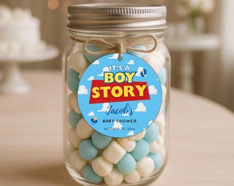 Its a Boy Story Toy Story Baby Shower Party Favor Tag Editable Canva Template Custom Printable Digital Personalized Party Label for Kids