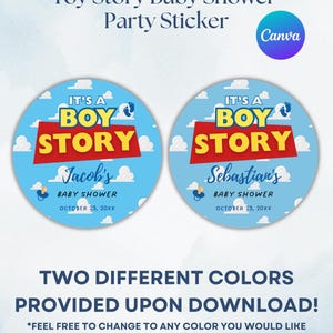 May include: Two round baby shower stickers with a Toy Story theme. The stickers feature the text "It's a Boy Story" in red and yellow, with a blue background and clouds. One sticker says "Jacob's Baby Shower" and the other says "Sebastian's Baby Shower".