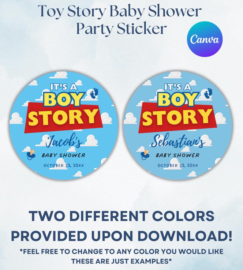 May include: Two round baby shower stickers with a Toy Story theme. The stickers feature the text "It's a Boy Story" in red and yellow, with a blue background and clouds. One sticker says "Jacob's Baby Shower" and the other says "Sebastian's Baby Shower".