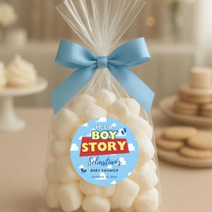 May include: A clear cellophane bag filled with white marshmallows, tied with a light blue ribbon. A round sticker on the bag reads "IT'S A BOY STORY" with the name "Sebastian's" and "BABY SHOWER" and the date.