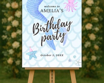 Mermaid Birthday Party Welcome Sign Editable Canva Template Custom Printable Poster Personalized Name and Date 16x20in 18x24in 20x30in
