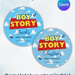 May include: Two round baby shower stickers with a blue sky background and white clouds. The text "IT'S A BOY STORY" is in yellow and red. One sticker says "Jacob's Baby Shower" and the other says "Sebastian's Baby Shower".
