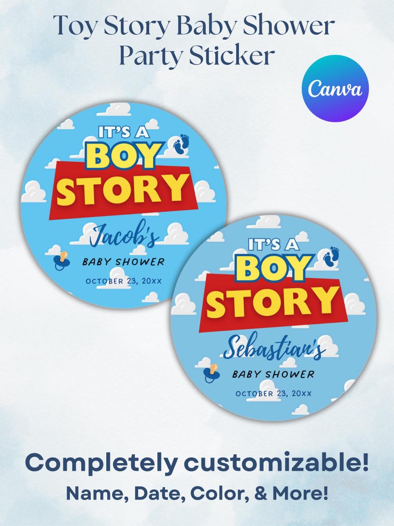 May include: Two round baby shower stickers with a blue sky background and white clouds. The text "IT'S A BOY STORY" is in yellow and red. One sticker says "Jacob's Baby Shower" and the other says "Sebastian's Baby Shower".