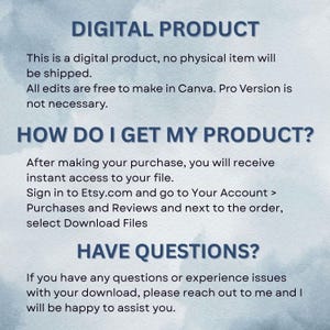 May include: A digital product information sheet with the title "DIGITAL PRODUCT" in dark blue. The text explains the product is digital, how to access it, and how to get help. The background has a watercolor effect.