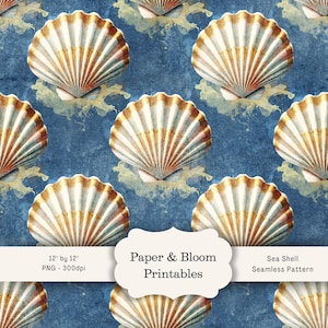 Watercolour Seashell Seamless Pattern, Digital Paper with Blue Background, Beach Coastal Clipart for Scrapbooking, Wallpaper & Fabric Design