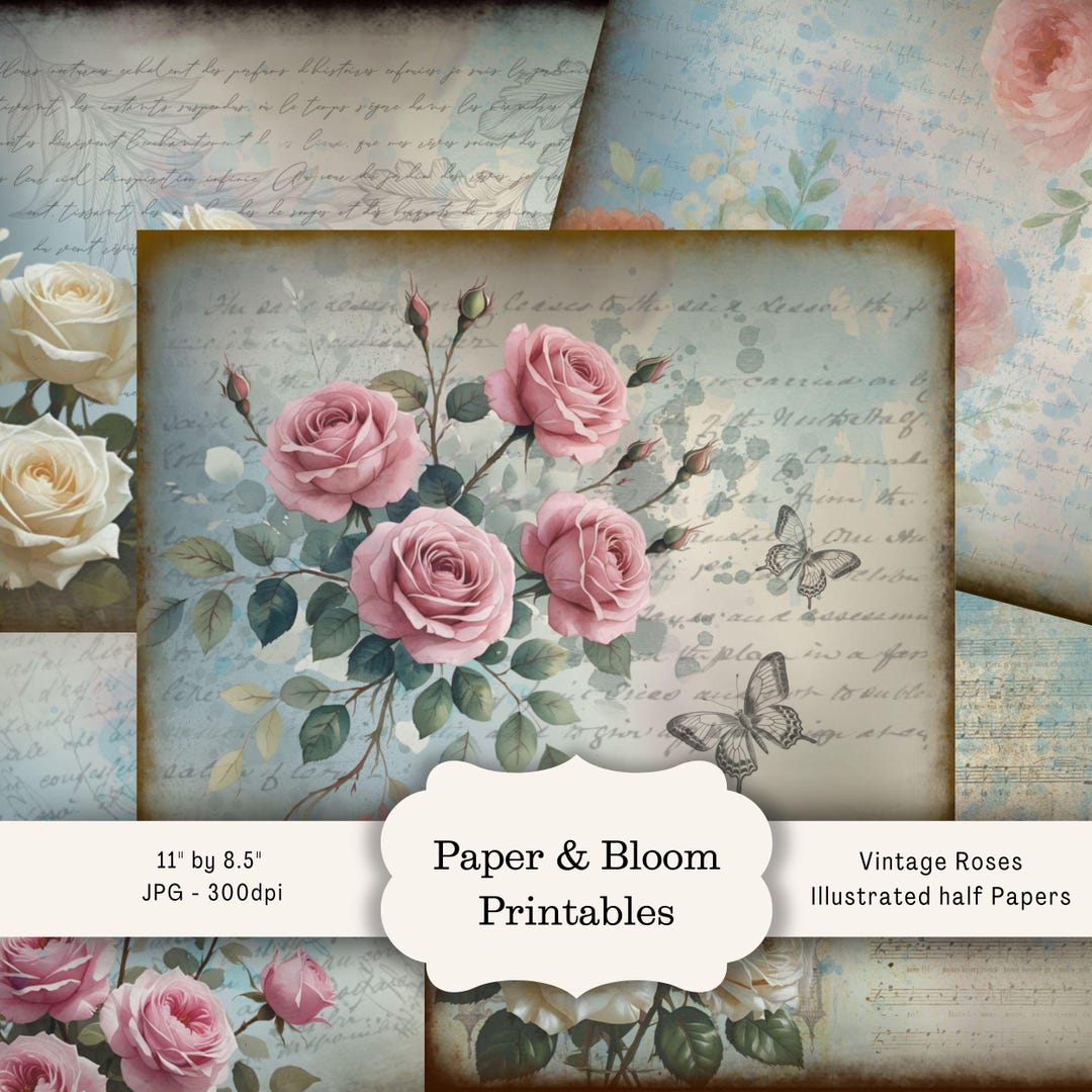 Vintage Rose Junk Journal Paper Pack: Shabby Chic Ephemera (digital ...