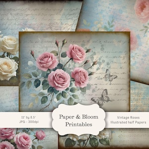 Vintage Rose Junk Journal Paper Pack: Shabby Chic Ephemera (Digital Download, 8.5x11in JPEGs)