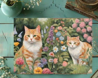 May include: A two-panel artwork featuring two orange and white tabby cats amidst a vibrant garden of colorful flowers. The cats have green eyes and are surrounded by pink, purple, and yellow blooms, creating a serene, nature-inspired scene.