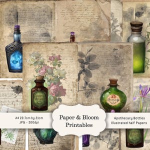 Puede incluir: Impresión digital con botellas de boticario, rosas y fondos manuscritos. La imagen incluye una variedad de botellas con tapones de corcho y etiquetas, con una botella azul brillante. También es visible el texto "Paper & Bloom Printables".