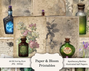 Vintage Potion Bottle Junk Journal Pages: Apothecary Ephemera, Roses (A4 Digital Download)