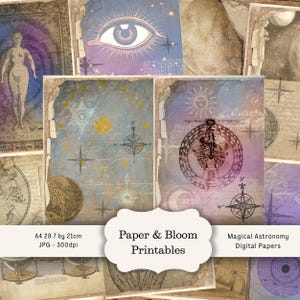 May include: A collection of digital papers with celestial and mystical themes. The papers feature illustrations of eyes, compasses, stars, and astronomical charts. The color palette includes blues, purples, and golds. The papers are A4 size, measuring 29.7 by 21cm.