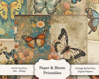Neutral Vintage Butterfly Junk Journal Pages with Floral Backgrounds, (Digital Download, A4 size JPEGs)